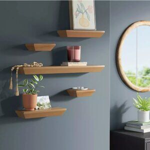 THRESHOLD Wood Wedge Finish Floating Shelves (5) & Bonus 12" Wall Shelf 6 Total